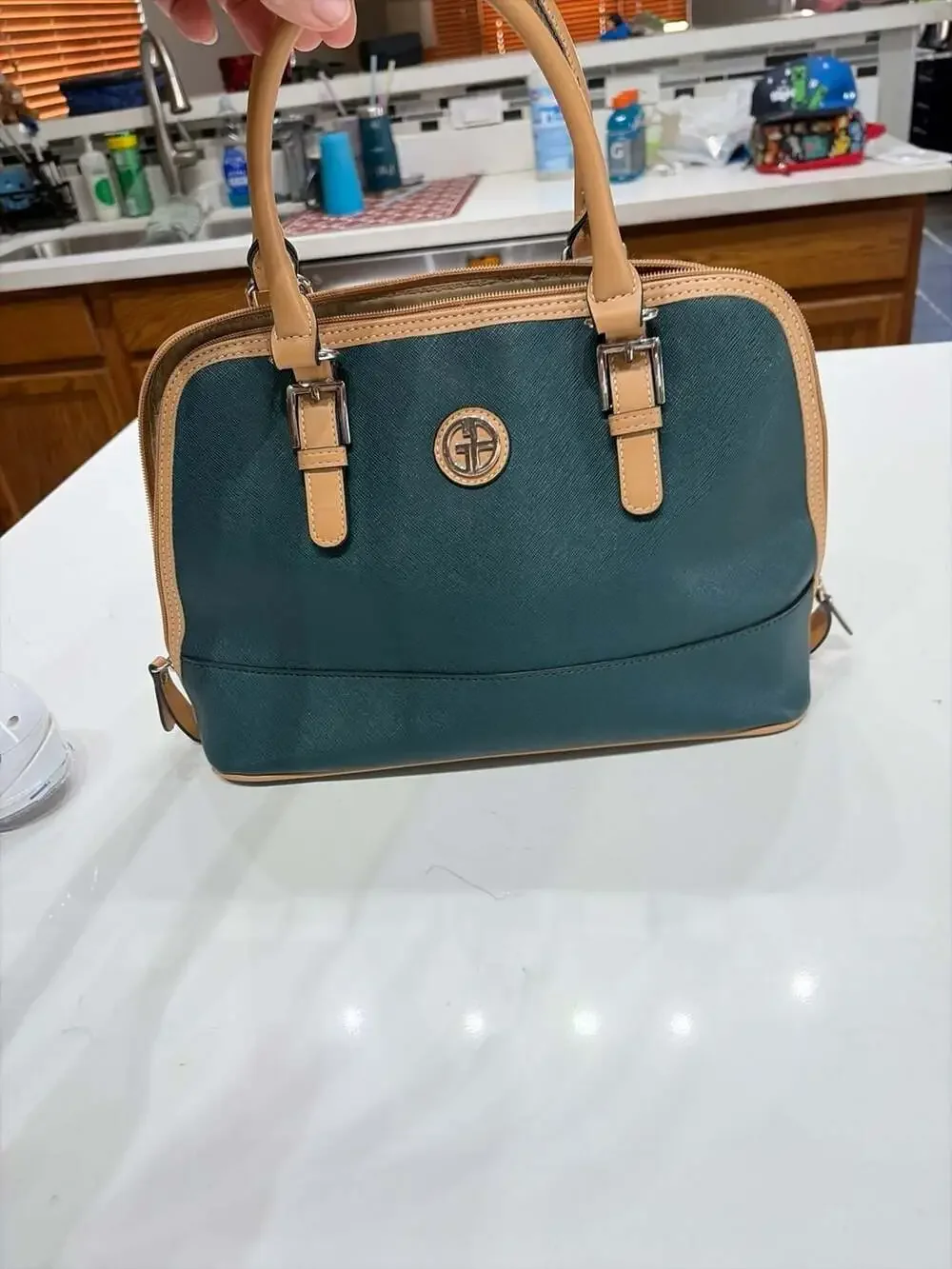 Giani Bernini Saffiano Faux Leather Dome Satchel Handbag, Teal/Tan, 12.5